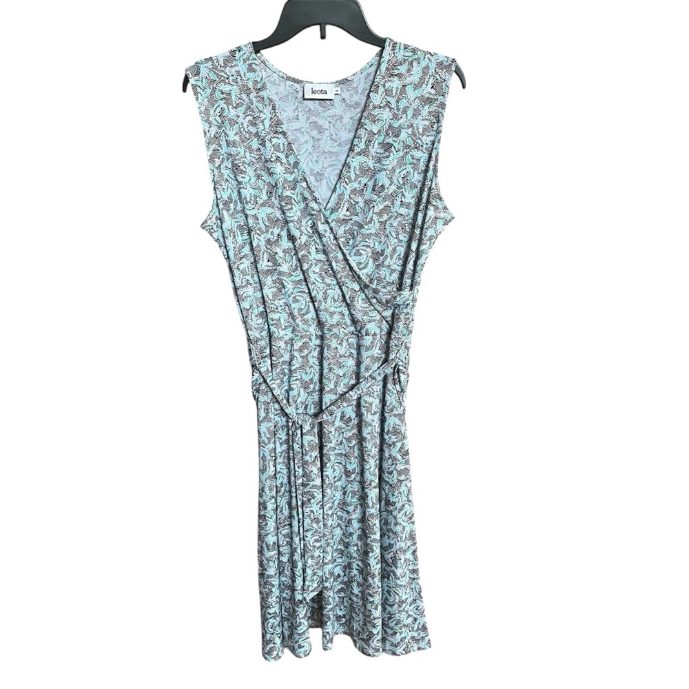 Leota Abstract Bird Leaf Turquoise Patterned Women's Faux Wrap Dress Size L